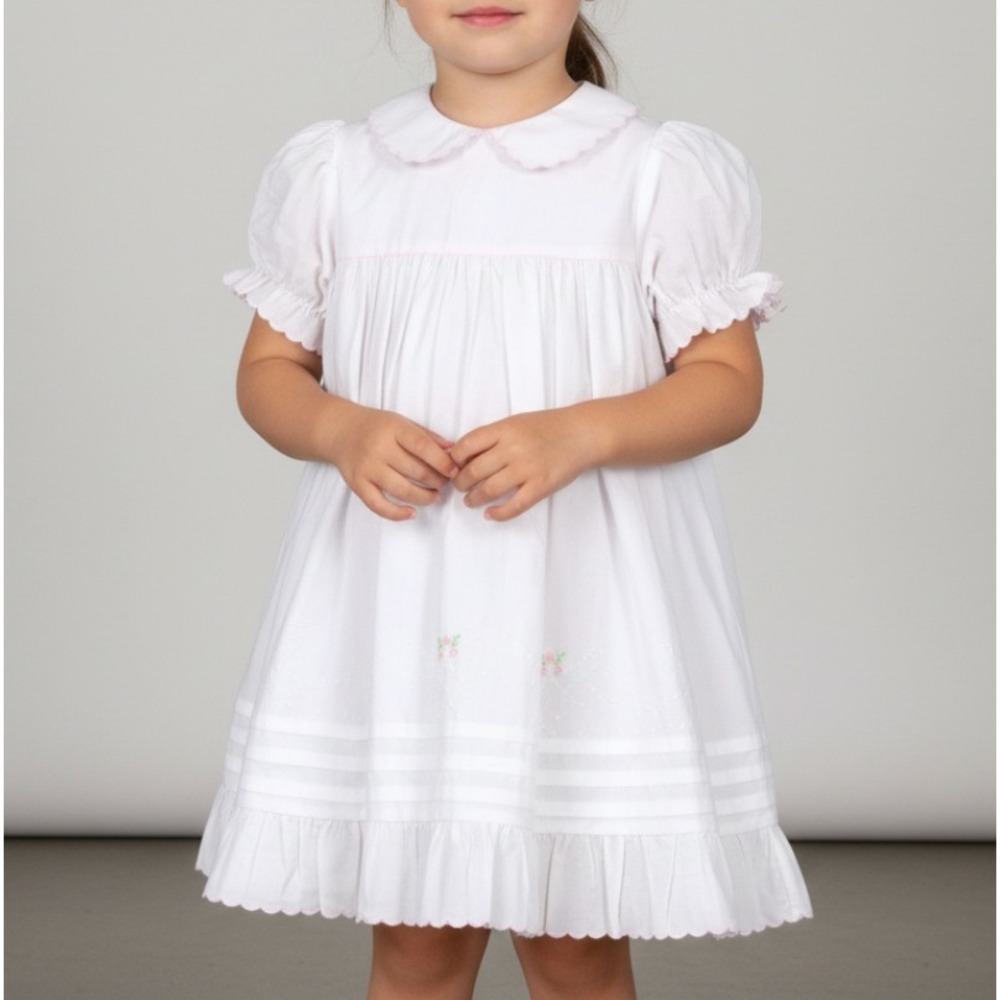 Vtg BAILEY BABIES White LIGHTWEIGHT TWILL Embroidered Rosettes RUFFLED Dress 4T